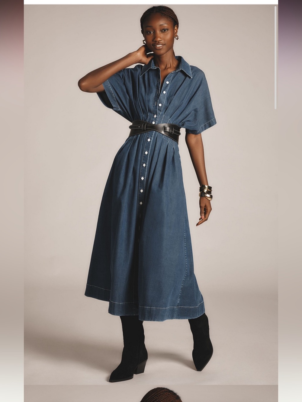 Exquise The Tobie Button-Front Pleated Shirt Dress: Denim Edition